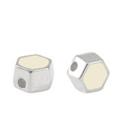 Perline di metallo DQ esagono argento antico-bianco avorio (privo di nichel)