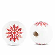 Perline di legno tonde 16mm fiocco di neve bianco-rosso