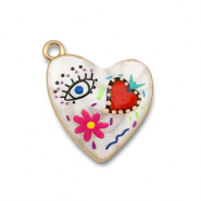 Ciondoli di metallo con smalto cuore bianco-multicolore-oro
