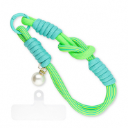 Cordini per cellulare trendy con perla incl. toppa di fisaggio verde neon-ottanio turchese-bianco avorio