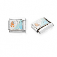 Link-tessera per bracciale italiano con ciondoli in acciaio inossidabile vita marina argento-bianco-blu chiaro