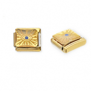 Link-tessera per bracciale italiano con ciondoli in acciaio inossidabile Occhio della Provvidenza oro-giallo-blu