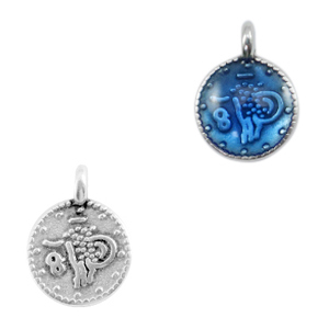 Ciondoli di metallo DQ moneta con disegno religioso argento antico-blu denim trasparente (privo di nichel)