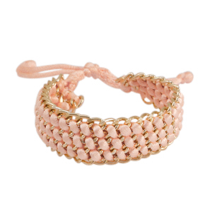 Braccialetti di cordone di raso tessuti con catena a rol&ograve; oro-rosa salmone