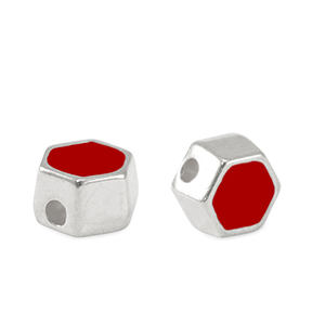 Perline di metallo DQ esagono argento antico-rosso (privo di nichel)