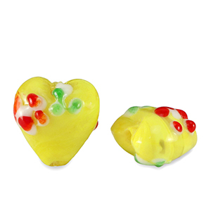 Perline di vetro dipinte a mano cuore fiore giallo-rosso