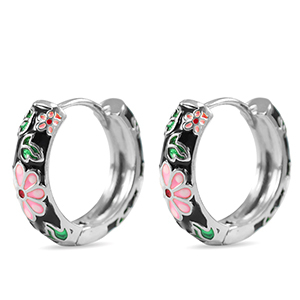 Metallo TQ in ottone orecchini a cerchio smalto fiore argento-nero rosa