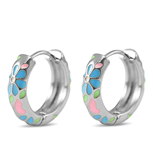Metallo TQ in ottone orecchini a cerchio smalto fiore argento-rosa blu