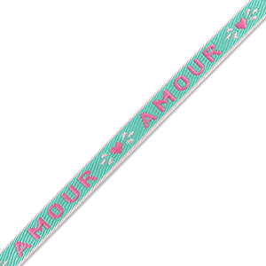 Nastro con testo "amour" blu turchese scuro-rosa fucsia