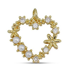 Metallo TQ in ottone ciondolo zirconia cuore con perla oro-bianco