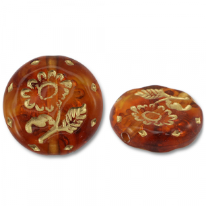 Perline in acrilico tonda con fiore marrone cognac-oro