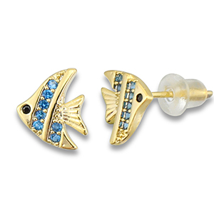 Metallo TQ in ottone orecchini pesce oro-blu chiaro