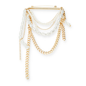 Broches accattivanti barra con catena e perle oro-bianco