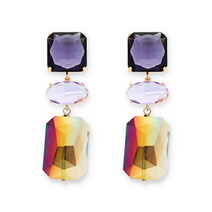 Orecchini di Crystal Glass quadrato-ovale-rettangolo viola scuro-lavanda-beige sabbia fumoso rivestimento AB