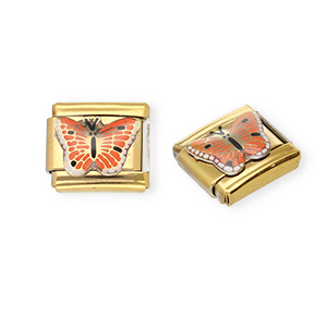 Link-tessera per bracciale italiano con ciondoli in acciaio inossidabile farfalla oro-arancione-nero-bianco