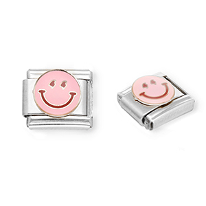 Link-tessera per bracciale italiano con ciondoli in acciaio inossidabile smiley argento-rosa chiaro-viola