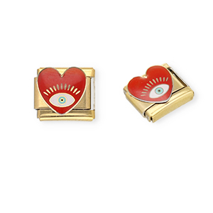Link-tessera per bracciale italiano con ciondoli in acciaio inossidabile cuore Occhio della Provvidenza oro-rosso scuro-bianco