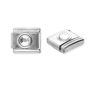 Link-tessera per bracciale italiano con ciondoli in acciaio inossidabile tonda con strass argento-cristallo