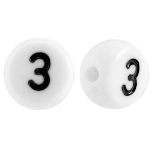 Perline alfabeto in acrilico con disegno numero 3 bianco
